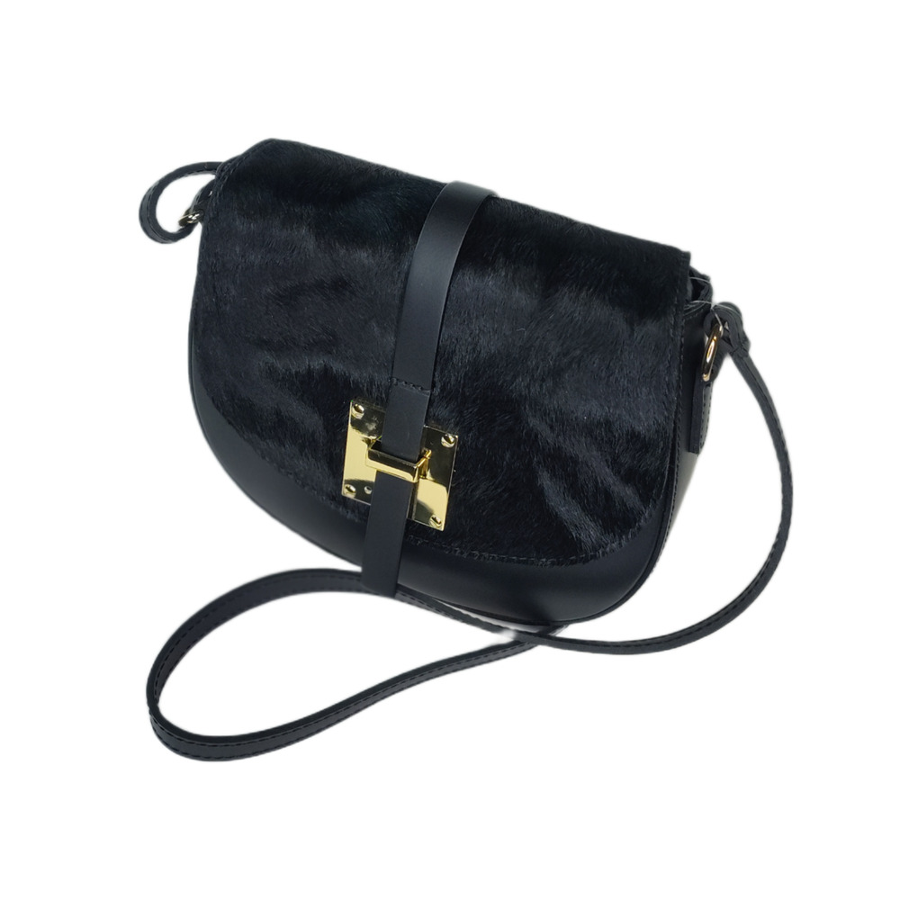 Charlie Leather Mack Black Leather & Black Fur Small Half Moon Crossbody Bag-NWT